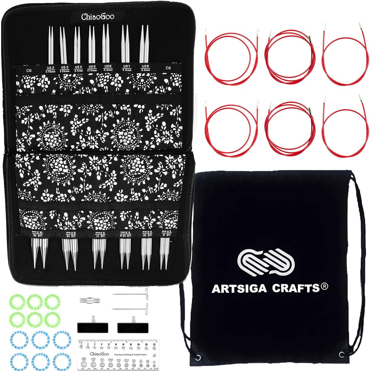 ChiaoGoo Twisted Red Lace 5 Inch Complete 7500-C Interchangeable Circular Knitting Needle Set Size US 2 3 4 5 6 7 8 9 10.5 11 13 15 6 Cords Included 6 Pieces Artsiga Crafts Project Bag Included