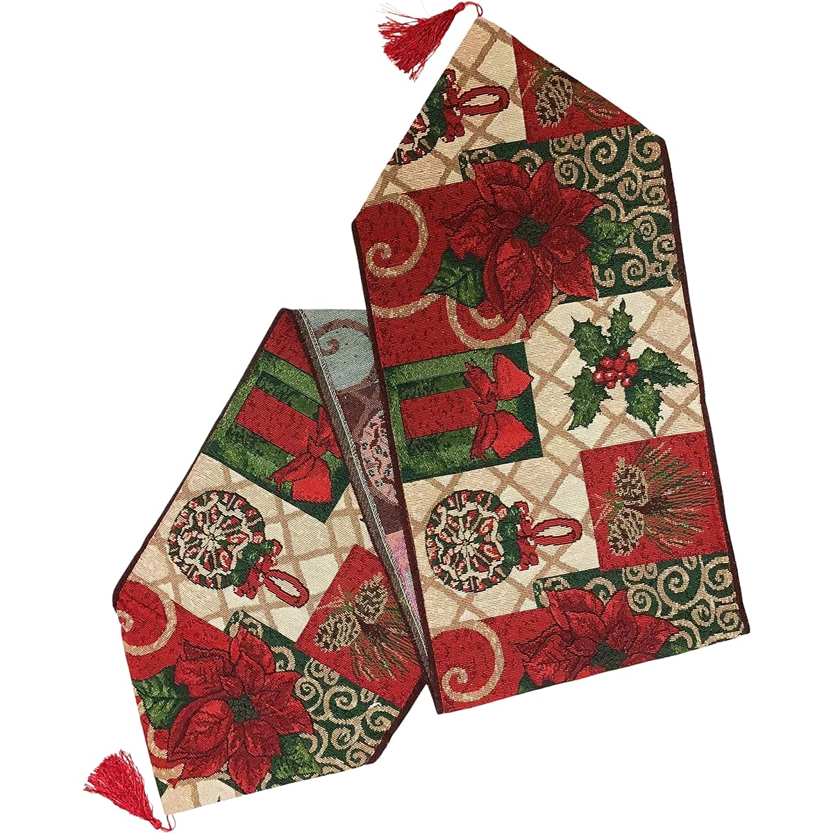 Christmas Table Runner - Holly Leaves, Berries and Pine Cones Design 13" W x 69" L