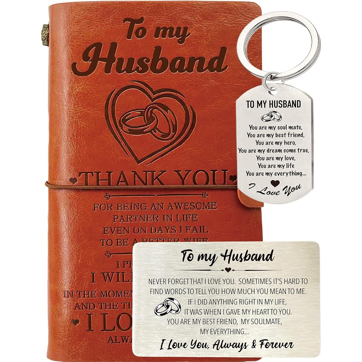 Husband's Diary Wife to Husband's Wallet Card Engraved Husband Keychain for Husband Leather Journal 140 Pages Writing Note Husband Birthday Christmas Valentine Anniversary