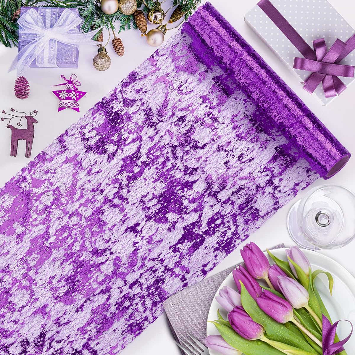 tiosggd Purple Table Runner 11" x 16' Metallic Sequin Glitter Foil Thin Mesh Table Runner Roll for Halloween Table Decorations Wedding Party Birthday Mardi Gras Christmas Decor