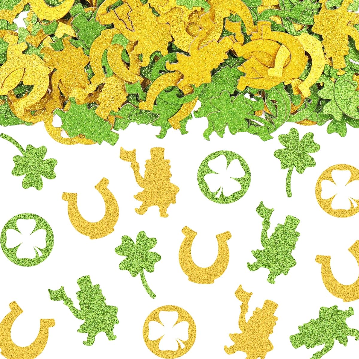 Threetols 200pcs St. Patrick's Day Confetti for Tables Gold Green Sequins Lucky Clover Home Decor Irish Elf Shamrock Horseshoe Crafts Table Decor Confetti Irish Holiday Table Decor