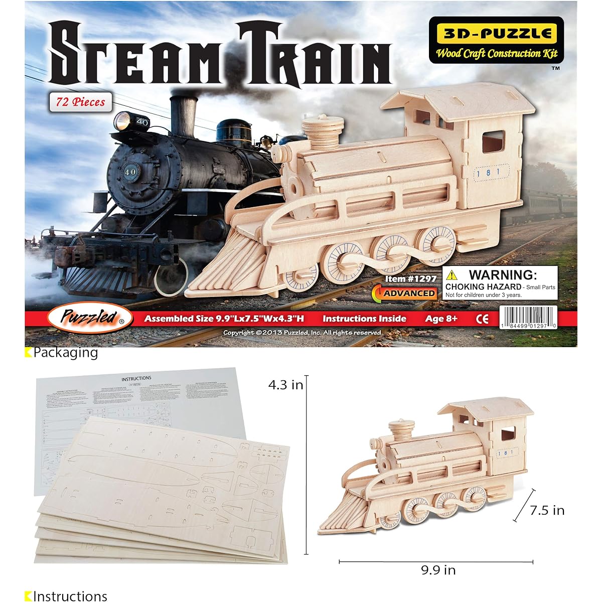 Puzzled 3D Puzzle Steam Train Wooden Craft Building Model Kit Fun Unique Educational DIY Wooden Toys Assembly Unfinished Craft Hobby Classic Train Puzzle Assemble Paint Decorate 72 Piece Pack