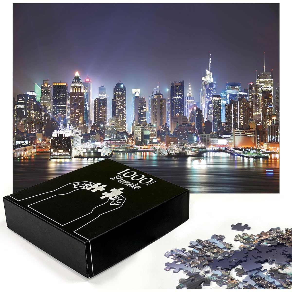 Ambesonne New York Jigsaw Puzzle Manhattan Skyline Skyscrapers at Night Tranquil River Panorama Heirloom Quality Fun Activities for the Family Durable Cardboard 1000 Pieces Blue and Orange