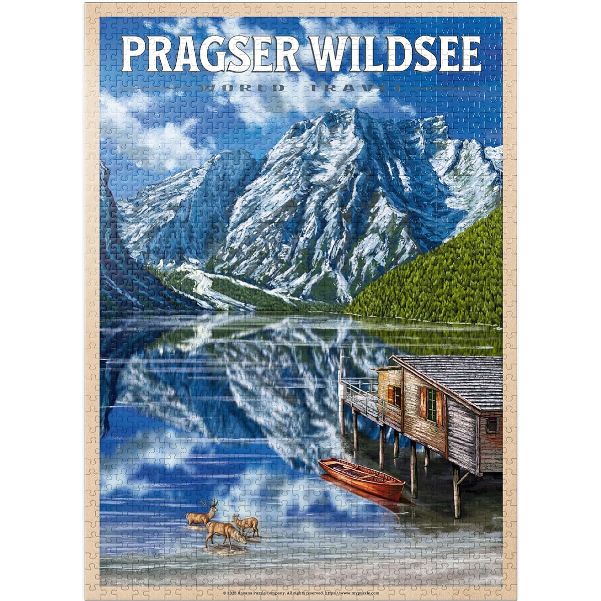 Pragser Wildsee - Mountain Reflection Vintage Travel Poster - Premium 1000 Piece Jigsaw Puzzle for Adults