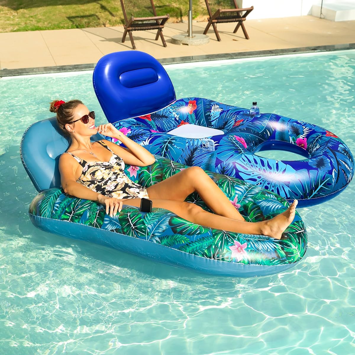 FindUWill Large Pool Floats Loungers for Adults - 2 Pack 65" x 42" Extra Large Lake Floats Inflatable Pool Rafts with Cup Phone Holder, Backrest, Footrest, Super Comfortable Pool Lounge (Blue & Green)