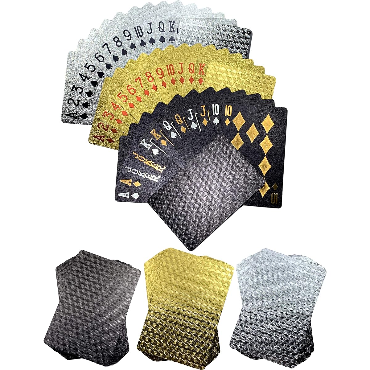 Kxlody Waterproof Deck of 3 Black Silver Gold Playing Cards Multicolor 3D Square 24K Poker