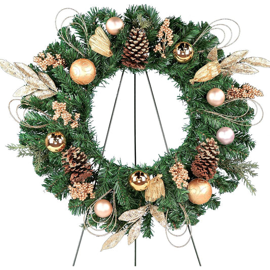 Sympathy Silks Christmas Memorial Wreath Decoration - Gold Leaves and 30" Easel Decoration - Artificial Green Wreath - Fade Resistant
