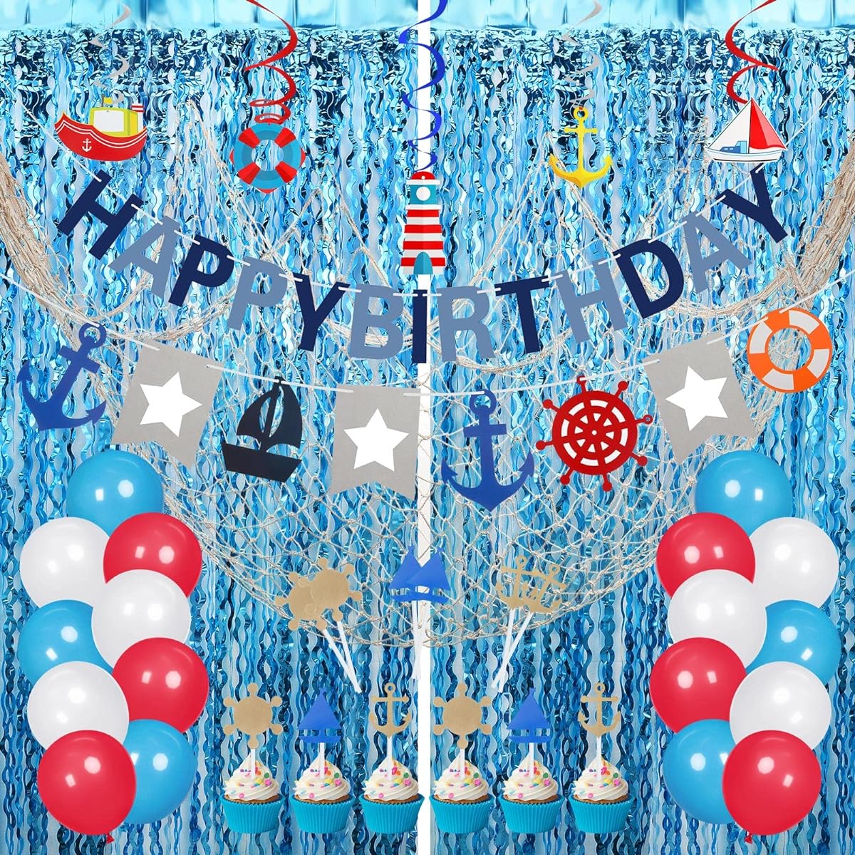 Junkin 59pcs Nautical Birthday Party Decorations Fishnet Sailing Swirl Nautical Banner Cake Topper Foil Fringe Curtain Latex Balloons Mermaid Party Supplies Birthday Backdrop