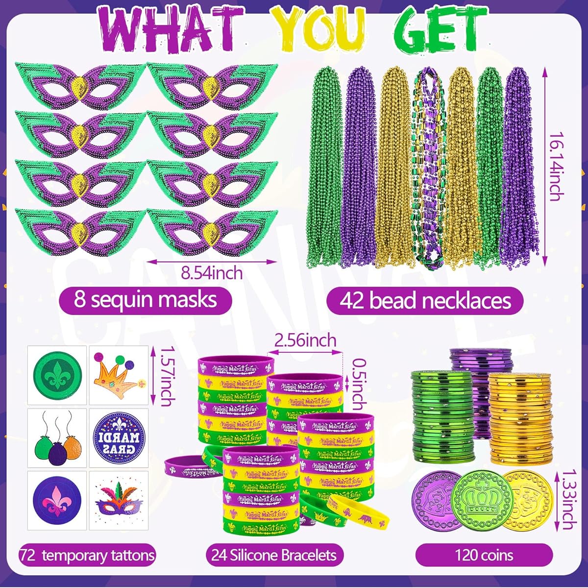 Wettarn 246pcs Mardi Gras Party Accessories Bulk Party Favors - 42pcs Mardi Gras Beads, 100pcs Coins, 8pcs Masks, 24pcs Rubber Bracelets, 72pcs Tattoos for Mardi Gras Parade Masquerade Party