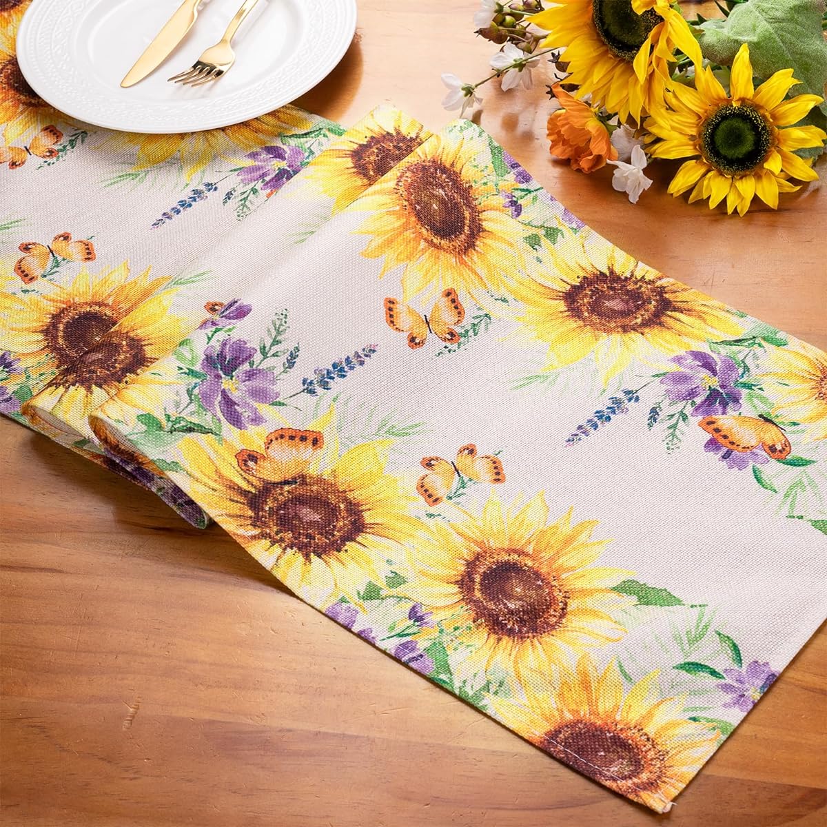 LeZakaa Linen Table Runner Sunflower Design Kitchen Dining Table Decoration for Indoor/Outdoor/Home Party Decor - 13 x 72 Inch