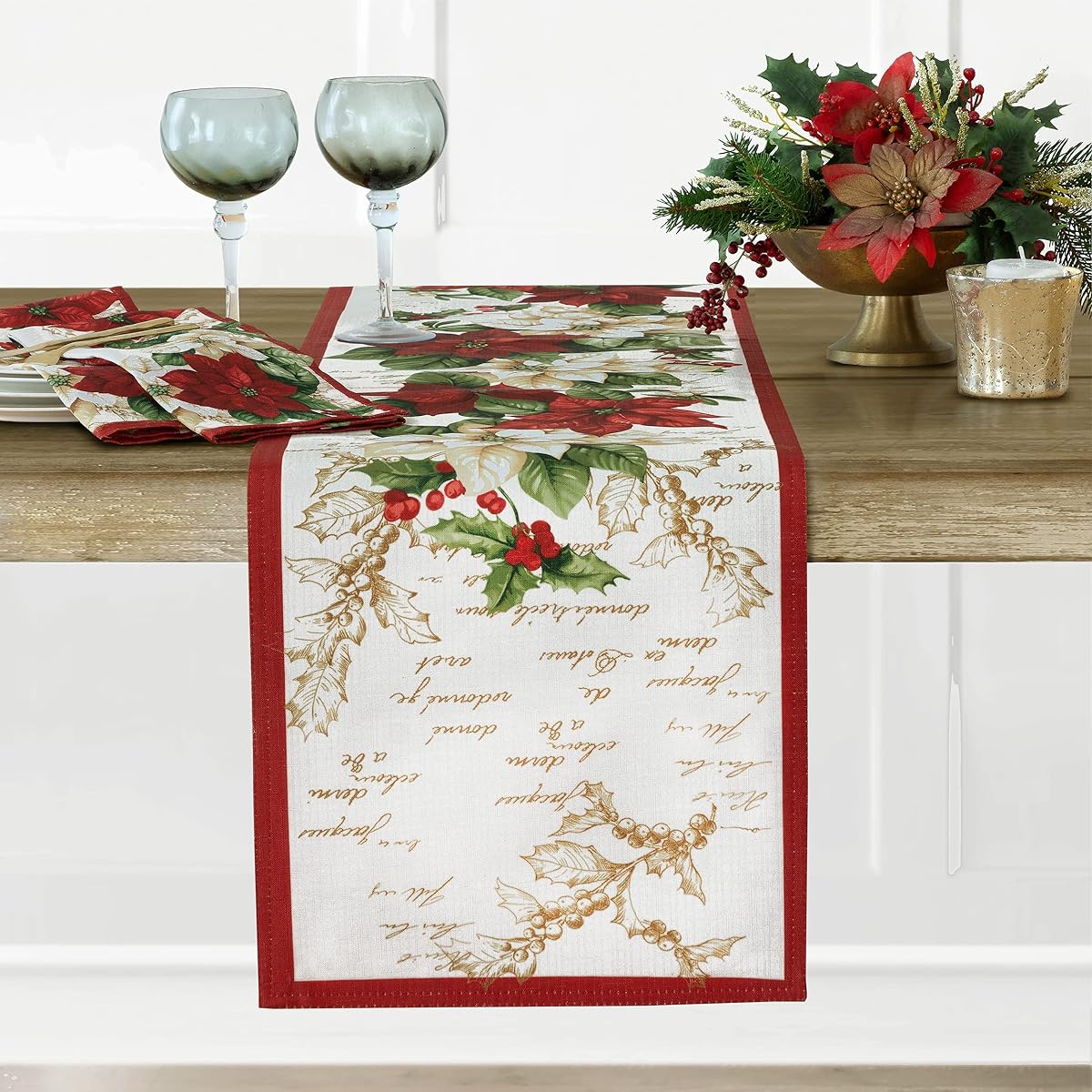 Newbridge Presley Red and White Poinsettia Double Border Christmas Table Runner, Country Cottage Print, Easy Care Stain Remover Table Runner - 70 Inch Long Table Runner