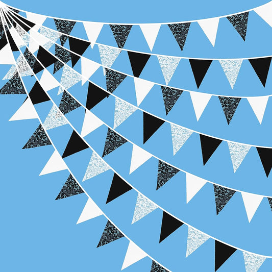 10m/32ft Black White Pennant Banner Fabric Lace Triangle Flag Cotton Bunting Garland Wedding Birthday Anniversary Party Home Nursery Outdoor Garden Hanging Festival Decoration (36 Pieces)