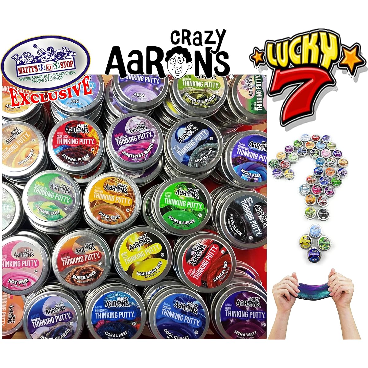 Crazy Aaron's Putty Mini Tins Lucky 7 Surprise Gift Set Party Bundle - 7 Pack (0.48 oz Each) Assorted Colors