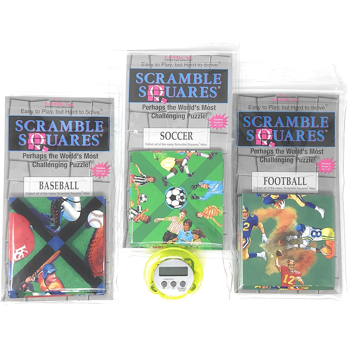 Bundle Of Scramble Squares B Dazzle Sports Puzzles For Adults/Teens/Kids - 3 Puzzles Included - Baseball, Football And Soccer With A Bonus Digital Timer