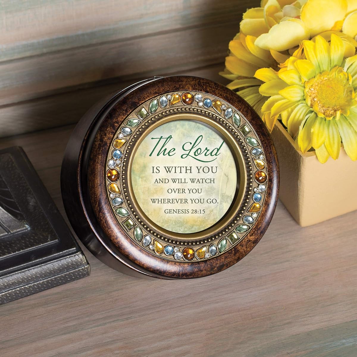 Cottage Garden Inspirational Jeweled Round Music Box Melodic Songs 4.75 inch Brown RJ68SA