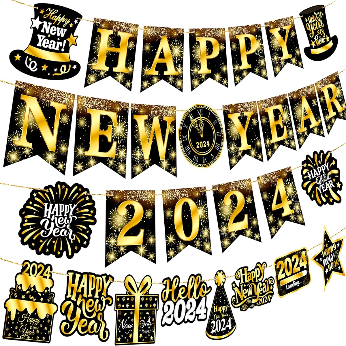 New Year's Eve Party Supplies Happy New Year Decorations 2023 New Year Background Gold Fringe Curtains Swirls Giant 2023 Foil Balloons for NYE Party Favors 33 Pieces