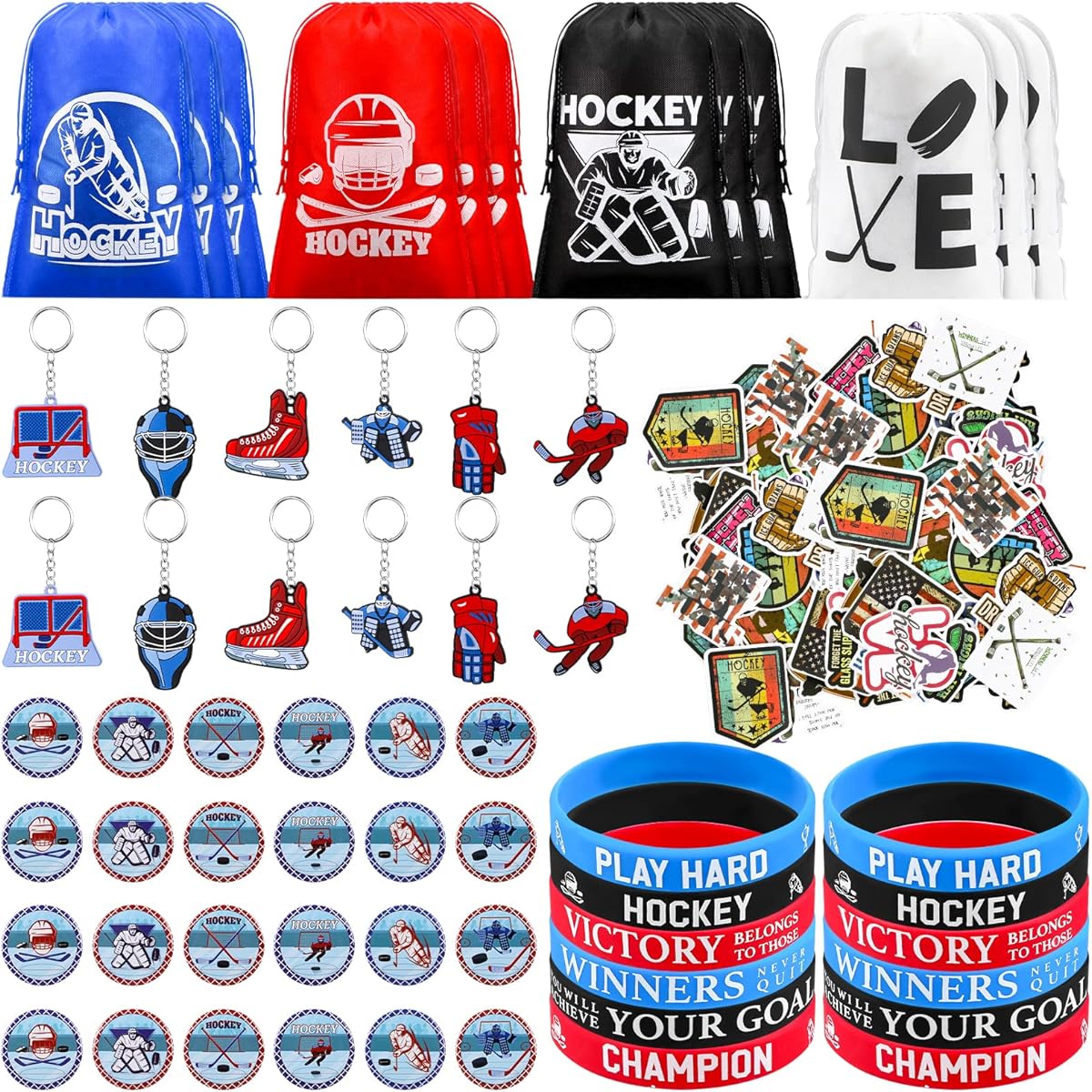 Berlune 110pcs Hockey Party Favors Hockey Keychains Hockey Drawstring Bags Silicone Bracelets Button Badges Hockey Stickers Hockey Birthday Party Supplies Bulk Hockey Bracelets for Sports Party