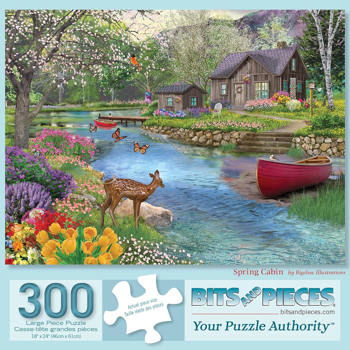 Bits and Pieces - 300 Piece Jigsaw Puzzle for Adults 18" x 24" - Spring Cabin - 300 Piece Forest River Boat Pier Flowers Trees Nature Floral Jigsaw Puzzle Artist: Bigelow Illustrations