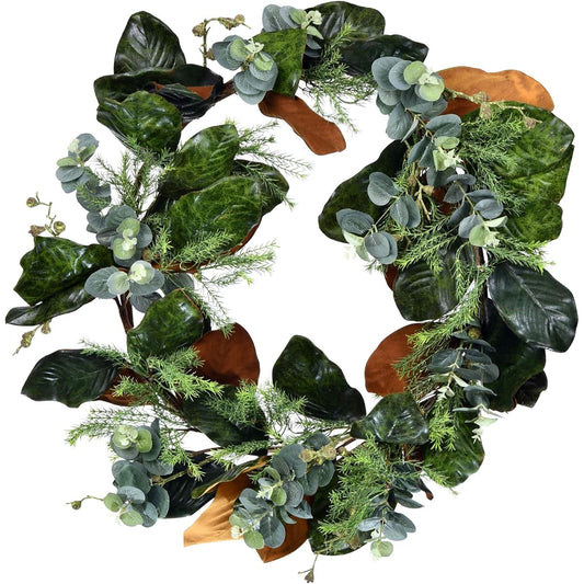 Vickerman 30" Everyday Artificial Green Magnolia Wreath, Artificial Indoor Floral Greenery Wreath for Home and Office Decor, Maintenance Free
