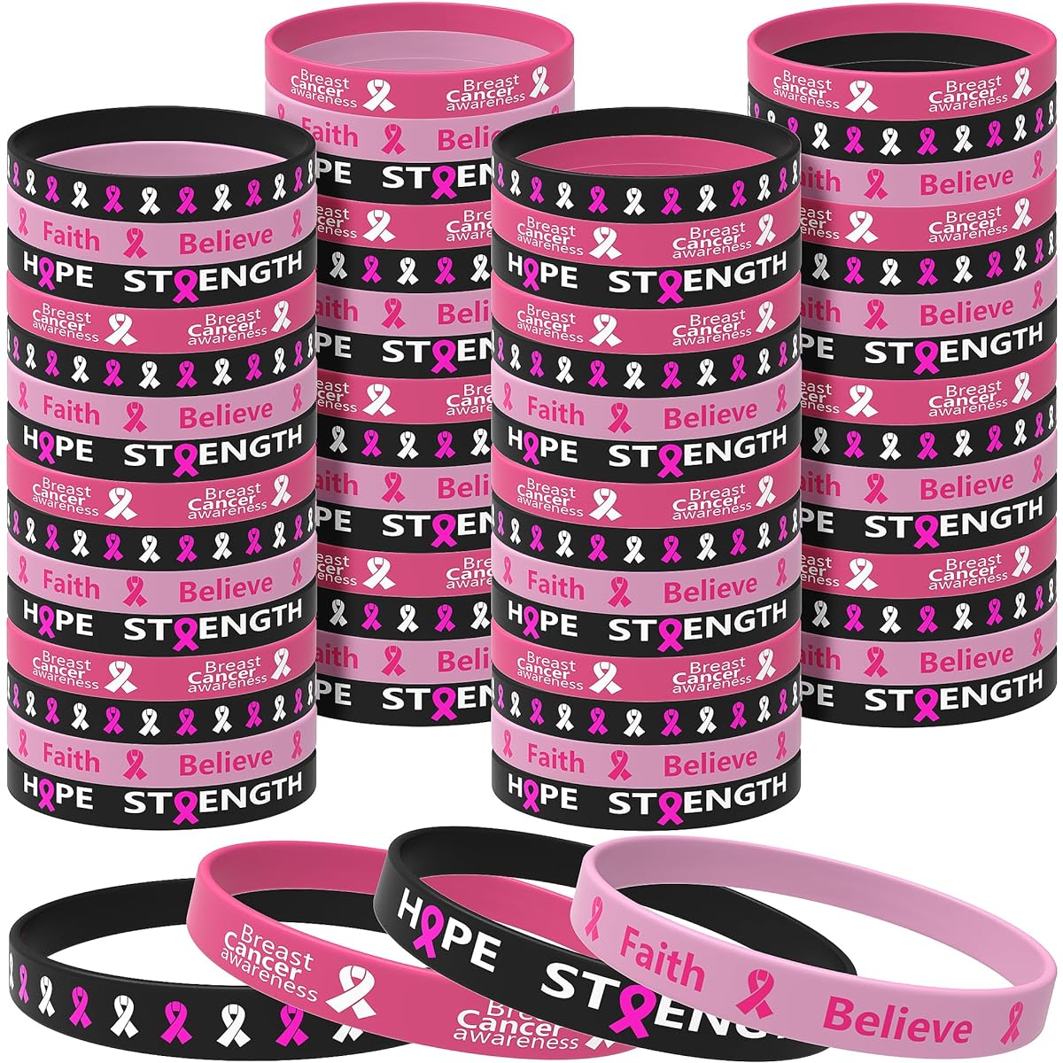Wehhbtye 60pcs Breast Cancer Awareness Silicone Wristbands - Uniribbon Breast Cancer Awareness Bracelets in 4 Designs - Hope, Faith, Strength, Courage, Inspiration Wristbands Party Supplies