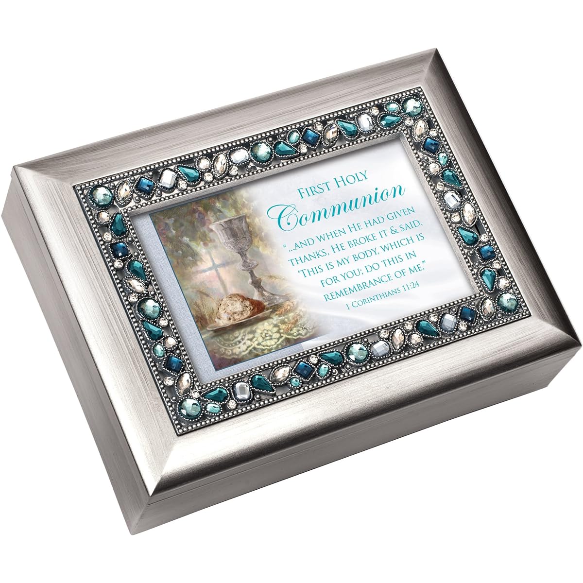 Cottage Garden First Communion Brushed Silver Finish Jeweled Lid Jewelry Music Box Ave Maria Song