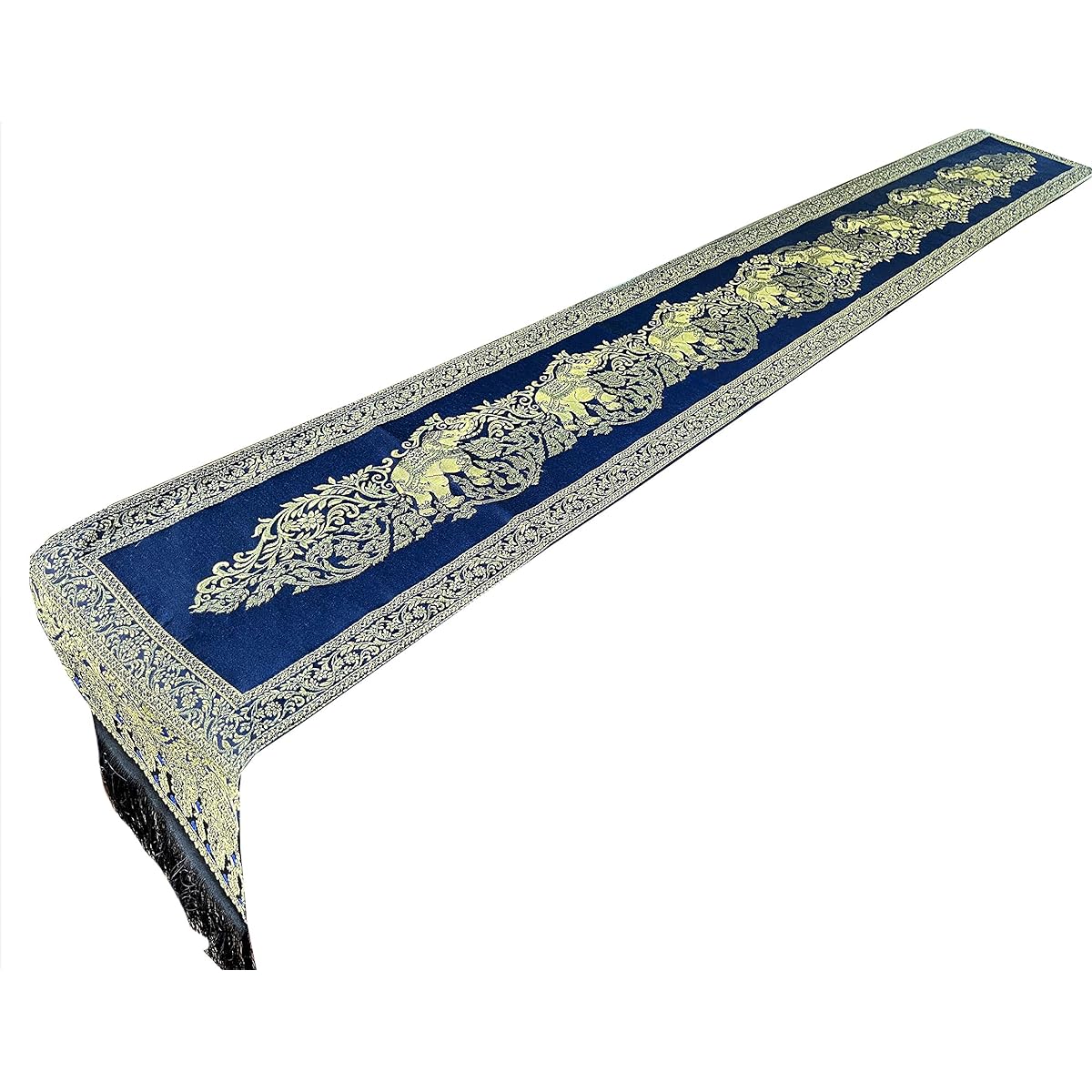 Thai Elephant Table Runner with Fringe Luxury Bed Scarf Polyester Embroidered Gold Brocade with Fringe Small 76x9 Inch Aqua Blue