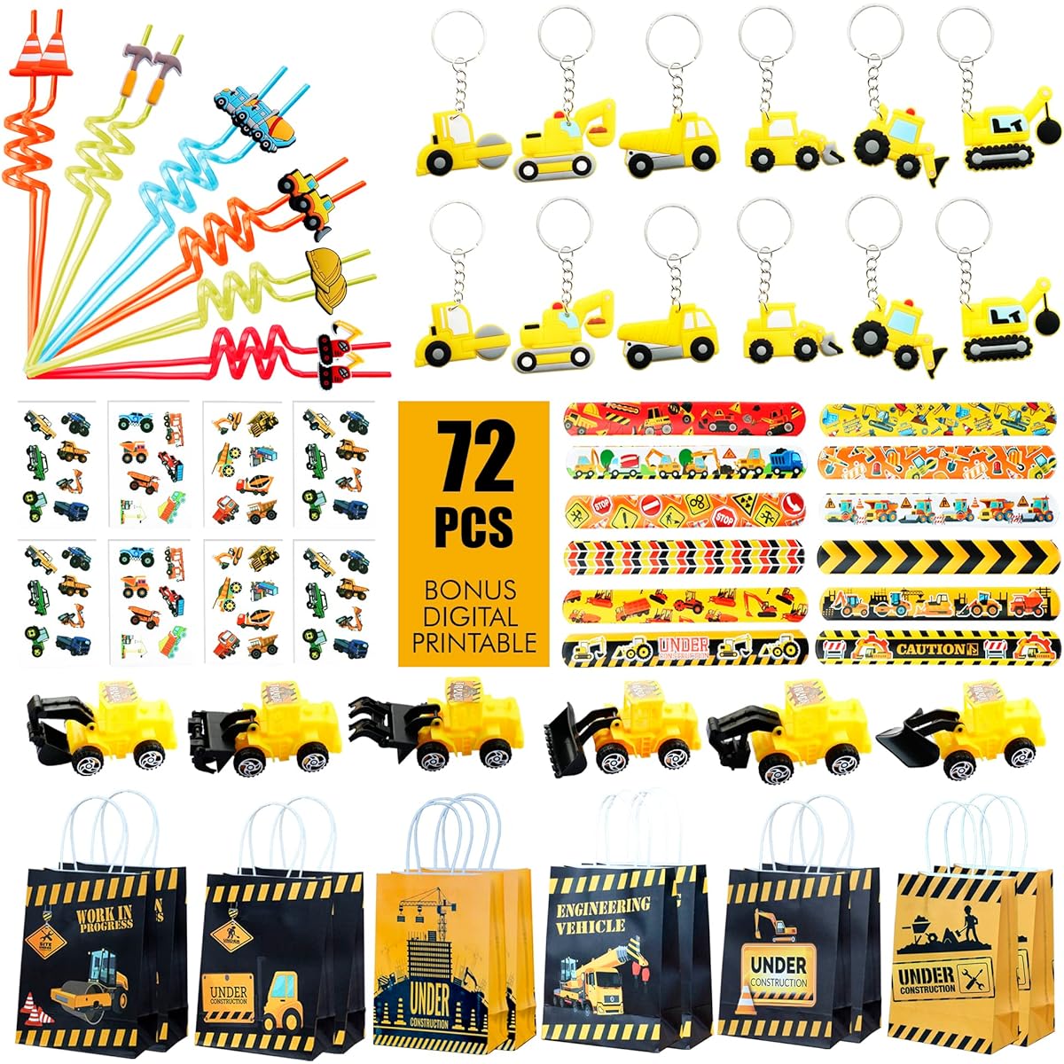 Construction Party Favors - Set of 12 Treat Bags Straw Slap Bands Key Chains