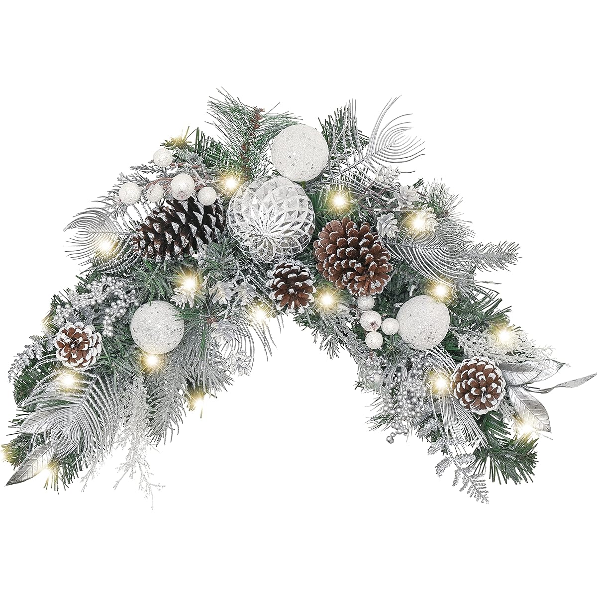 Valery Madelyn Pre-Lighted 15" Silver White Christmas Swag with 20 LED Lights Artificial Decorative Swag Ball Ornaments with Pine Cones for Front Door Window Christmas Home Decor Battery Operated
