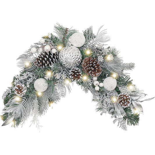 Valery Madelyn Pre-Lighted 15" Silver White Christmas Swag with 20 LED Lights Artificial Decorative Swag Ball Ornaments with Pine Cones for Front Door Window Christmas Home Decor Battery Operated