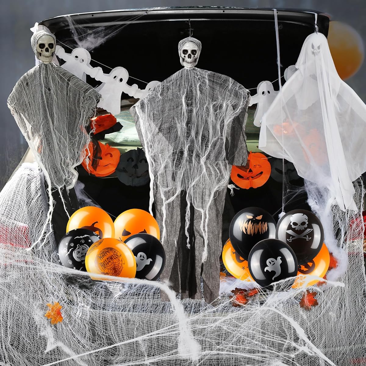 Leyndo Trunk or Treat 117pcs Halloween Car Decorations with Hanging Ghosts, Spooky Fabric Ghost and Pumpkin Garland, Halloween Balloons, Maple Leaves, Spider Webs for Home Indoor Outdoor Party Supplies