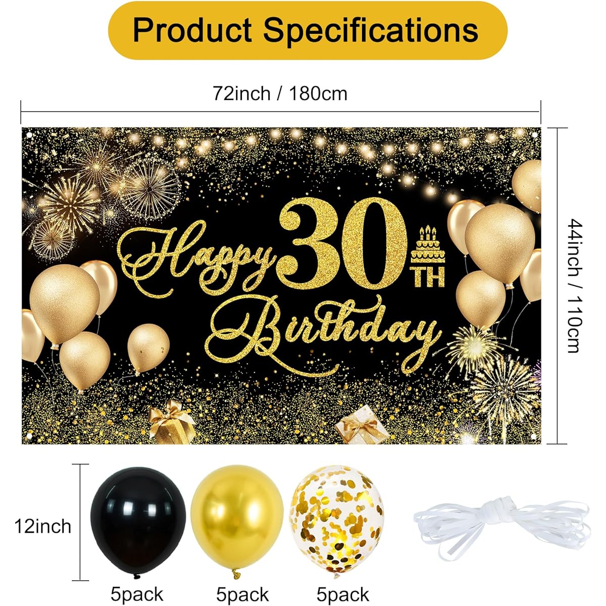 BEISHIDA 30th Birthday Decorations Happy Birthday Backdrop Banner Poster Large Fabric Birthday Background Birthday Party Supplies Backdrop for Birthday Party Decorations 71 x 43 Inch (Black and Gold)