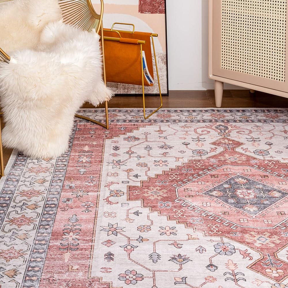 DECOMALL Carpet, 2 Tatami Persian Style Rug, Washable, Floral Pattern, 185X185CM, All Seasons, Anti-Slip, Pink, Odor Resistant, Dust Mite Resistant, Compatible with Floor Heating