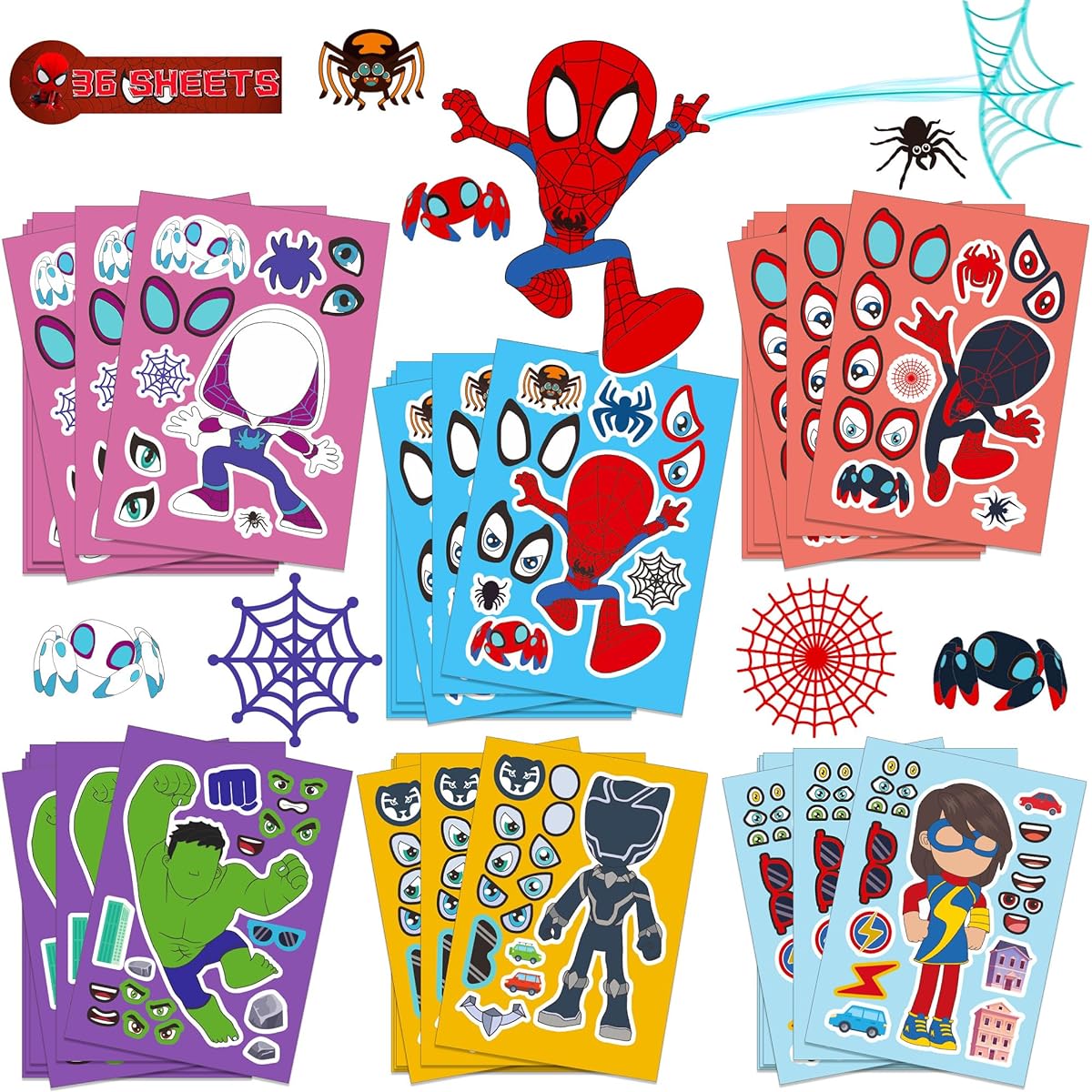 Oaroily Spider Stickers Face Making Stickers for Kids 36 Awesome Sticker Sheets 6 Styles Spider Birthday Party Supplies Decorations and Treats Party Favors Festival Gifts Arts Crafts Treats