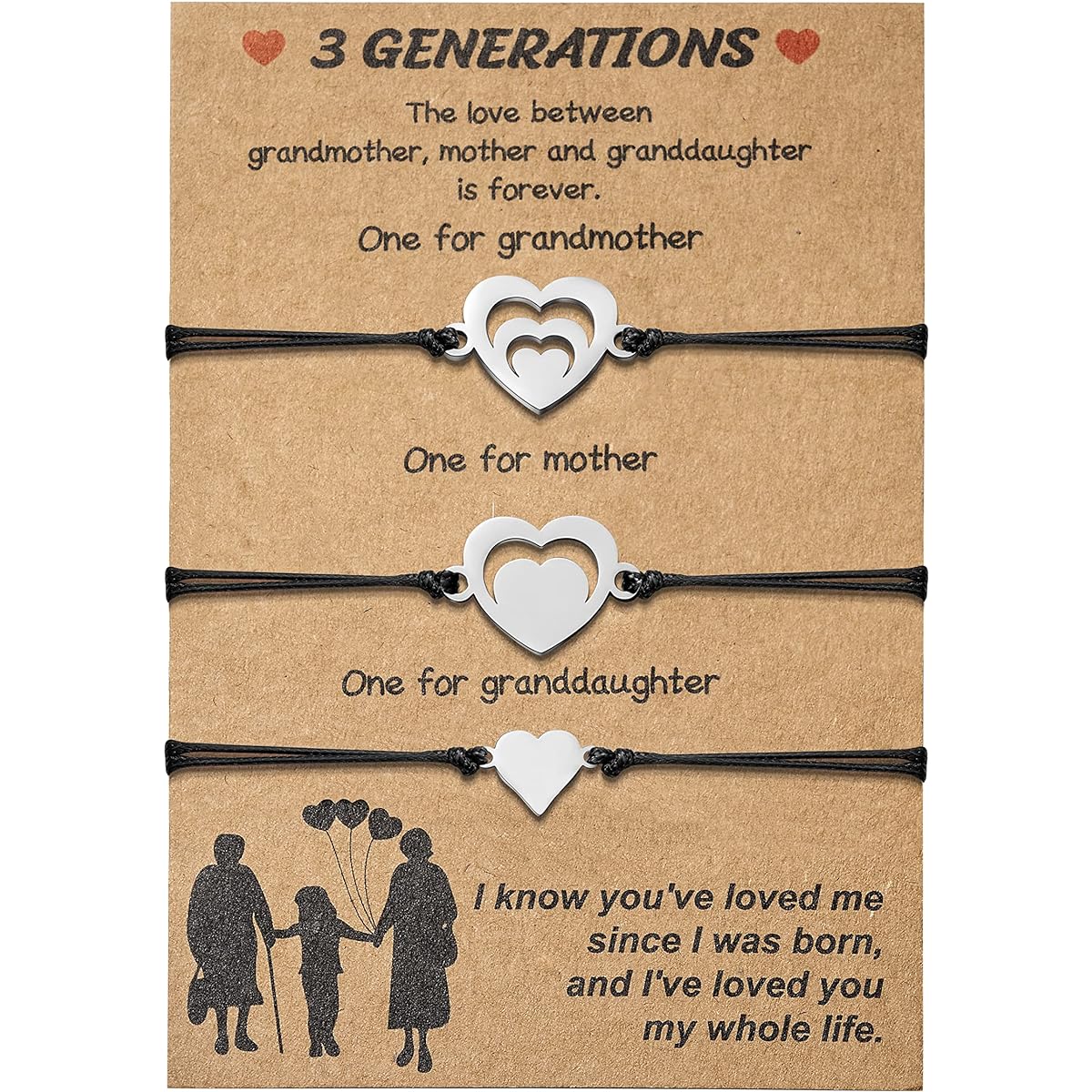 B1ykin 3 Piece Generation Bracelet Grandmother Mother Granddaughter Gift Adjustable Matching Cutout Heart Wish Bracelet Memoment Jewelry Set Women Gift Birthday Christmas Thanksgiving Mother's Day, Diamond