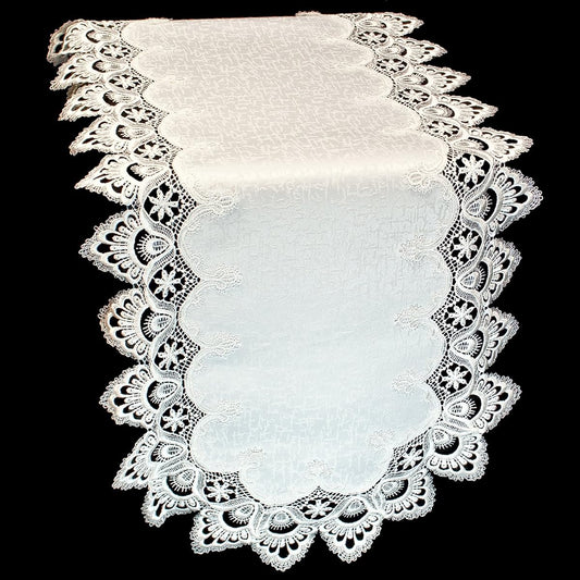 Antique White Table Runner European Lace and Fabric, Size 70 x 15 Inch