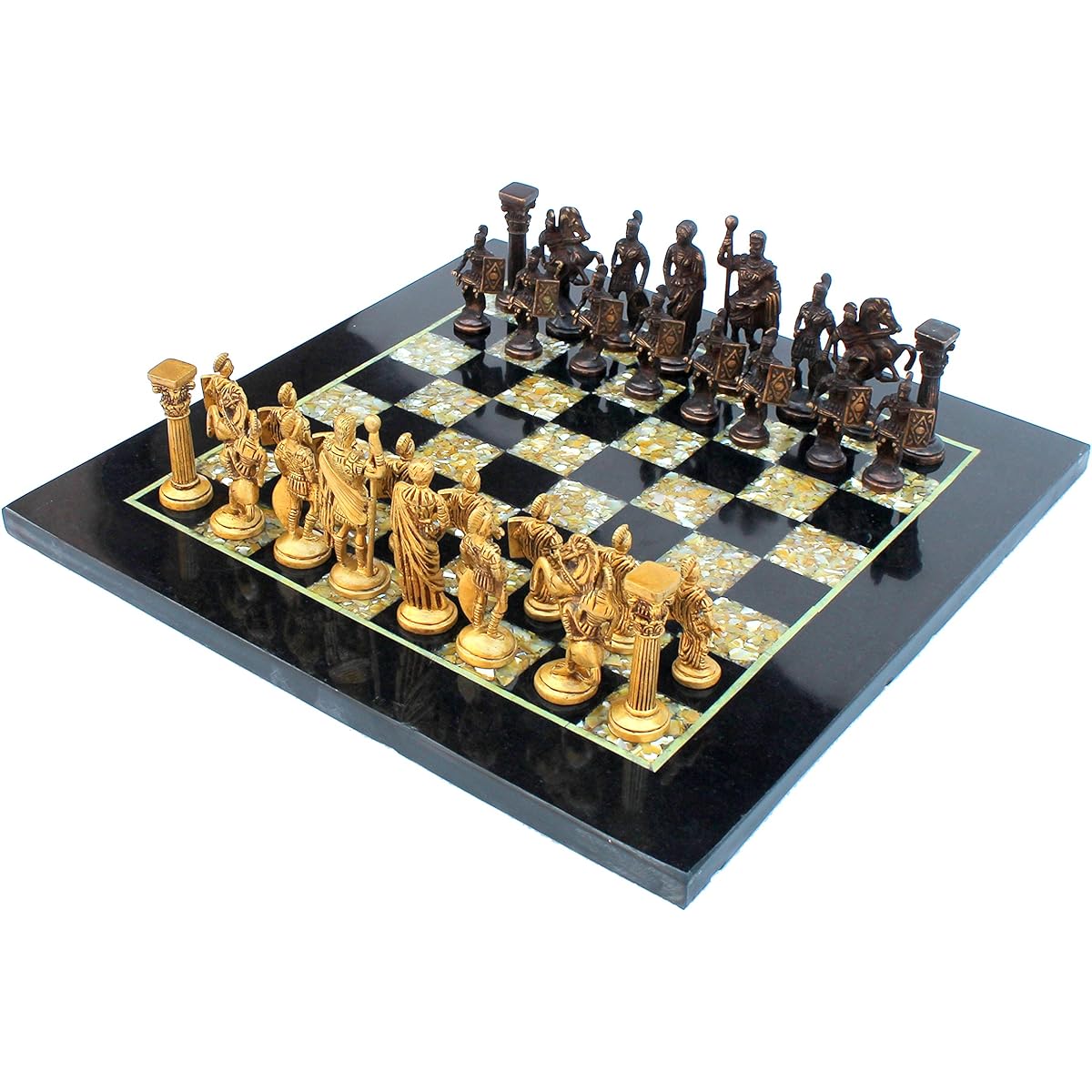 StonKraft Collectibles Black Marble and (MOP) Mother of Pearl Chess Board Set Brass Roman Chess Pieces Decorative Stone Chess Home Decor 15"
