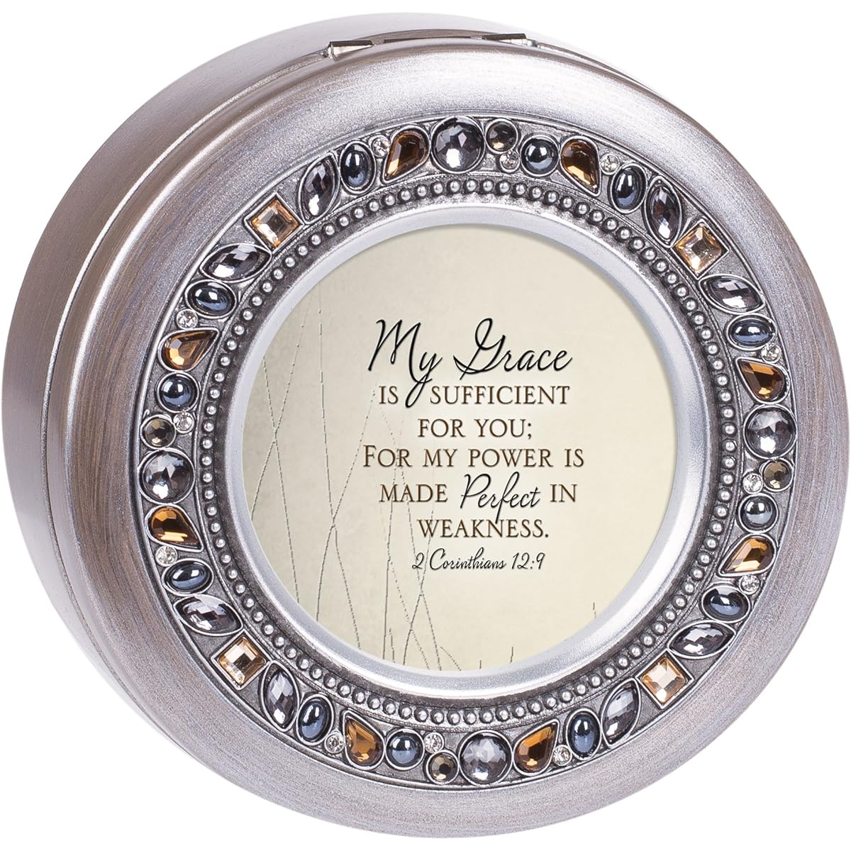My Grace is Sufficient for You Brushed Silver Round Jewelled Music Box Plays Tune Amazing Grace