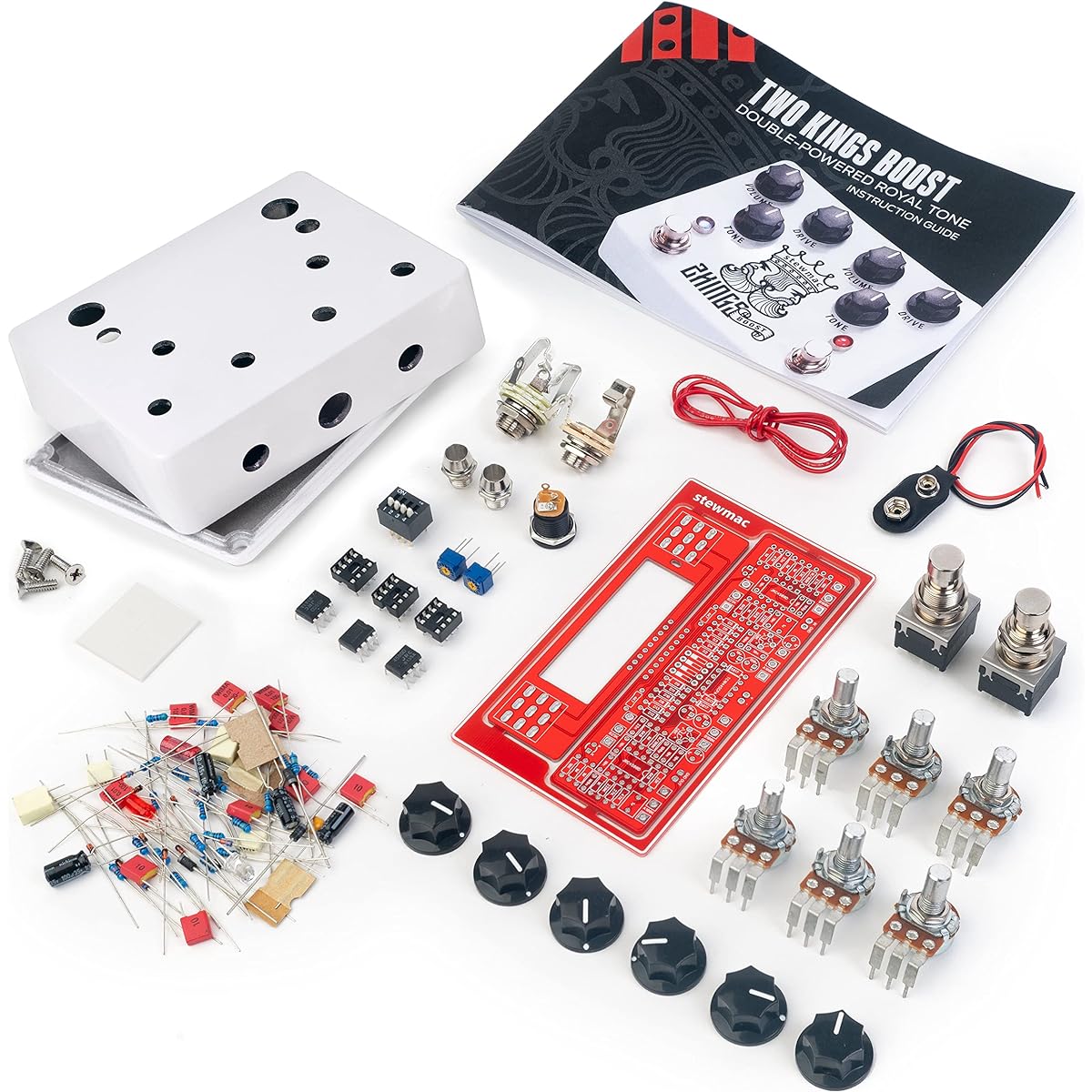 StewMac Two Kings Boost Pedal Kit with White Enclosure, 9 Volt Battery, DC Powered by King Of Tone