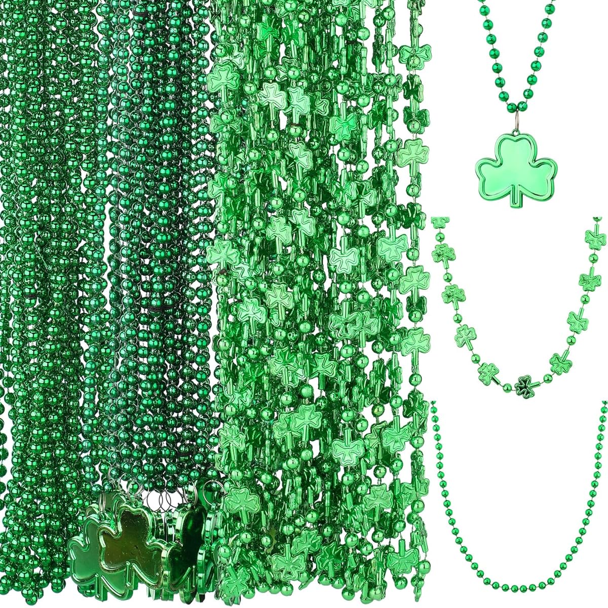 Landical St Patrick Shamrock Necklace Irish Clover Green Bead Pendant Necklace Beaded Necklaces Bulk St Patrick's Day Accessories Green Bead Necklaces for Parade Party Favors 3 Styles, Plastic, Plastic.