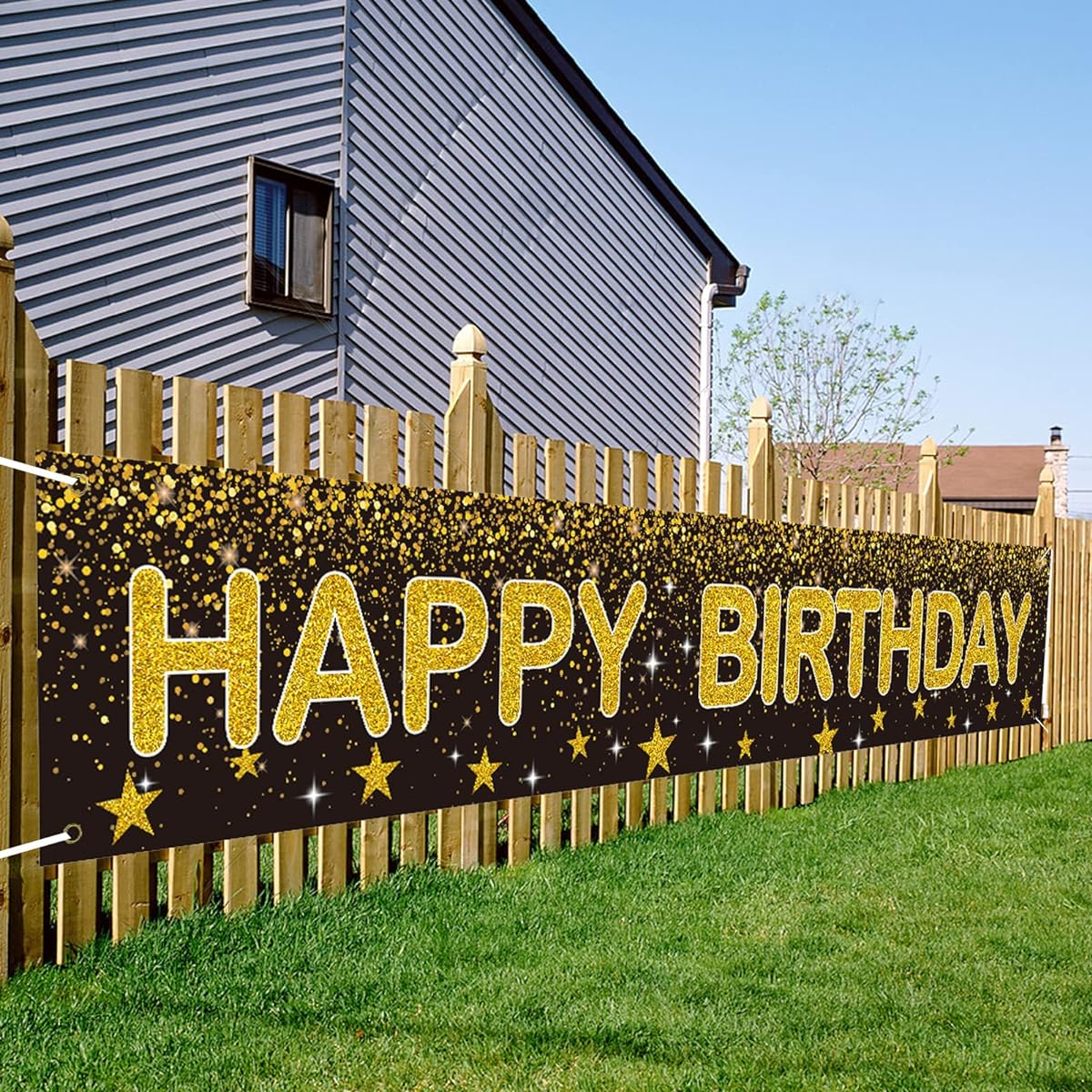Ushinemi Happy Birthday Banner - Black and Gold Party Decorations Large Birthday Banner for Indoor and Outdoor 9.8x1.6ft