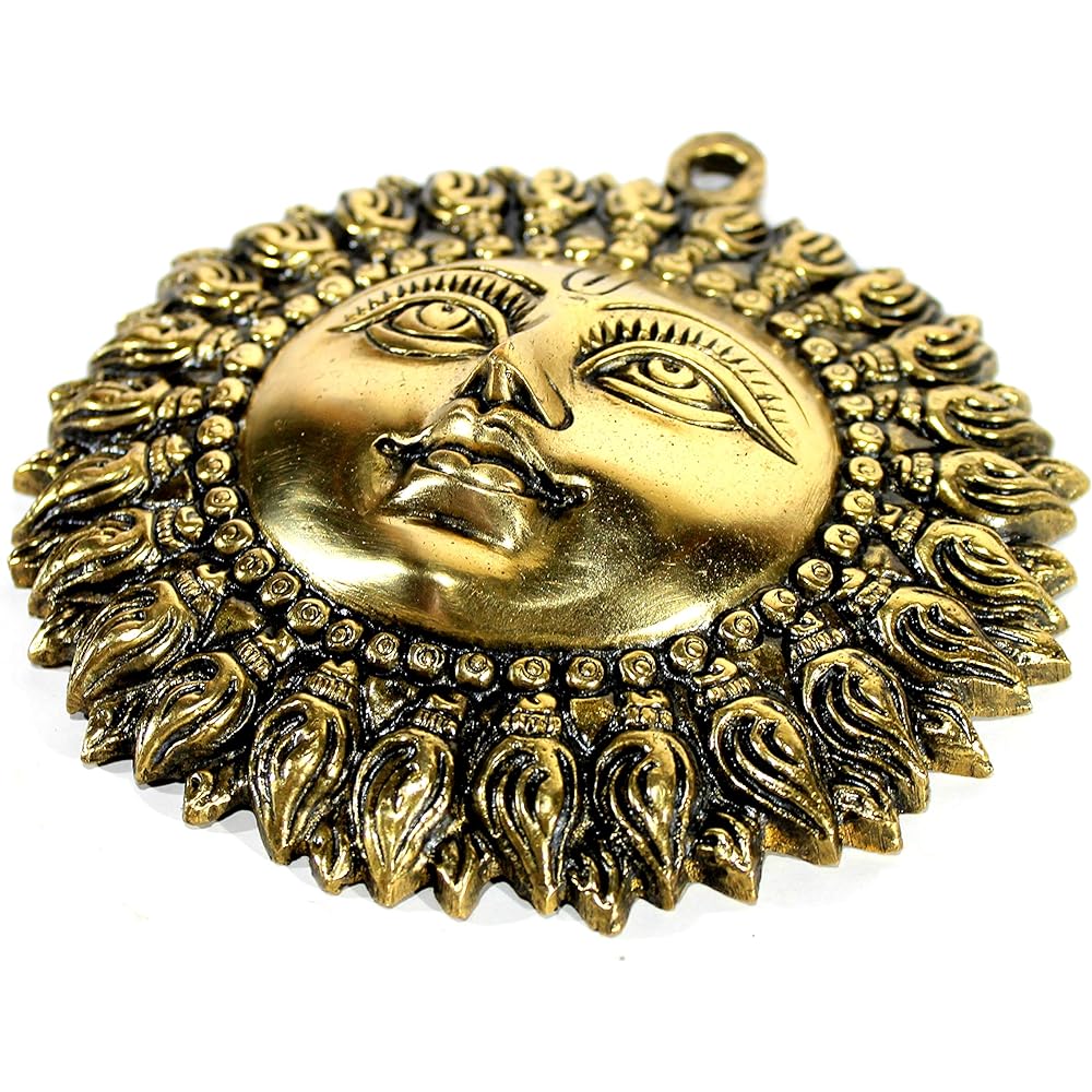 Stonkraft Ideal Gift - Beautiful Sun (Surya) Murti Idol Statue Sculpture Wall Hanging in Brass (6.25")