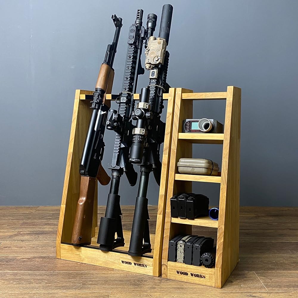 WOOD WORKS Made in Japan Rifle Stand 3-Hold + Magazine Rack Set (Brown)