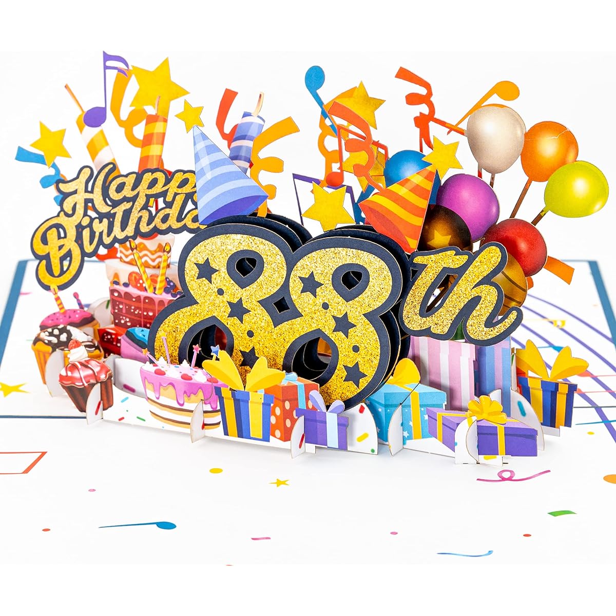 iGifts And Cards Happy 88th Blue Birthday 3D Pop Up Greeting Card - Amazing 88th Birthday Card Unique Present for Men, Women, Father, Mother, Best Husband, Wife 5" x 7"