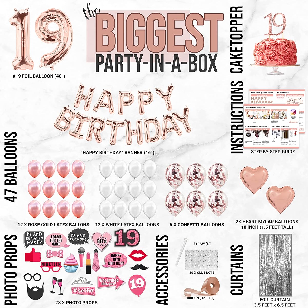 PARIS PRODUCTS 19th Birthday Decorations for Women, Rose Gold Gifts for 19 Year Old Women, 19th Birthday Cake Topper, 19th Birthday Sash, Photo Props, Foil Backdrop, 74 Pieces