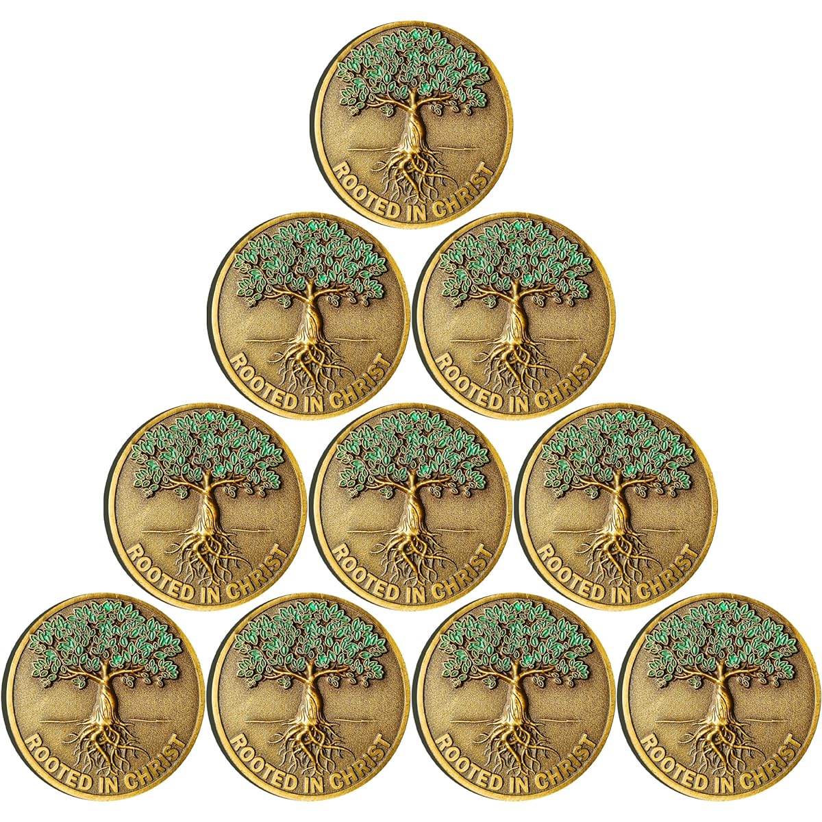 Rooted in Christ Challenge Coin - Antique Gold Color Christian Lucky Coin Bible Verse Token (Pack of 10)