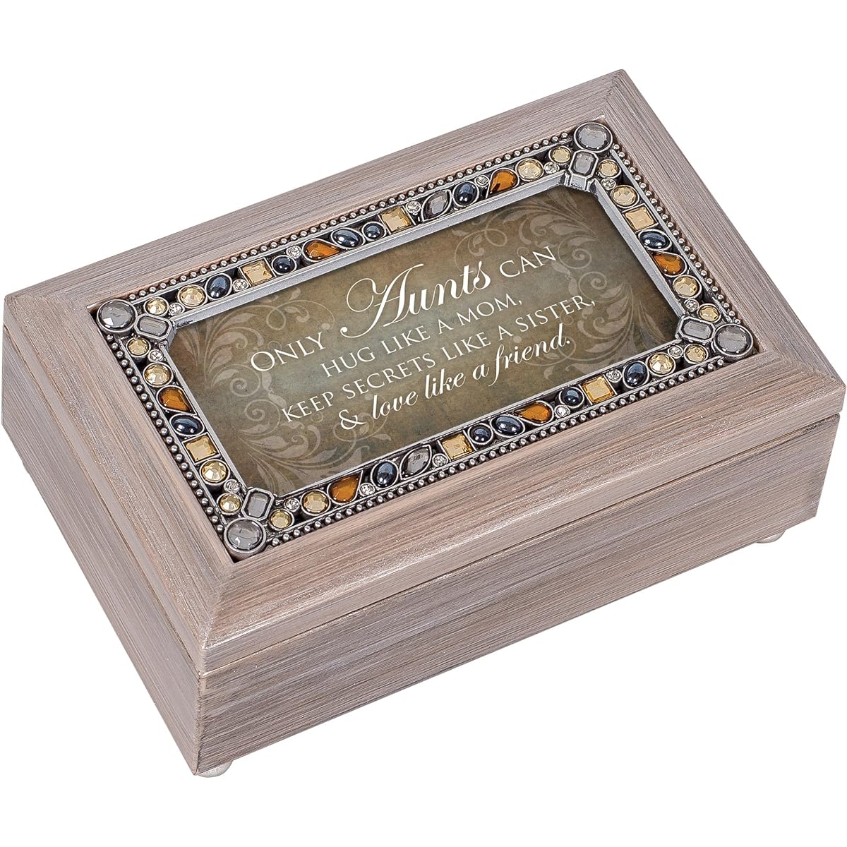 Aunts Hug Love Pewter Jewel Beaded Petite Music Box Plays Wind Beneath My Wings