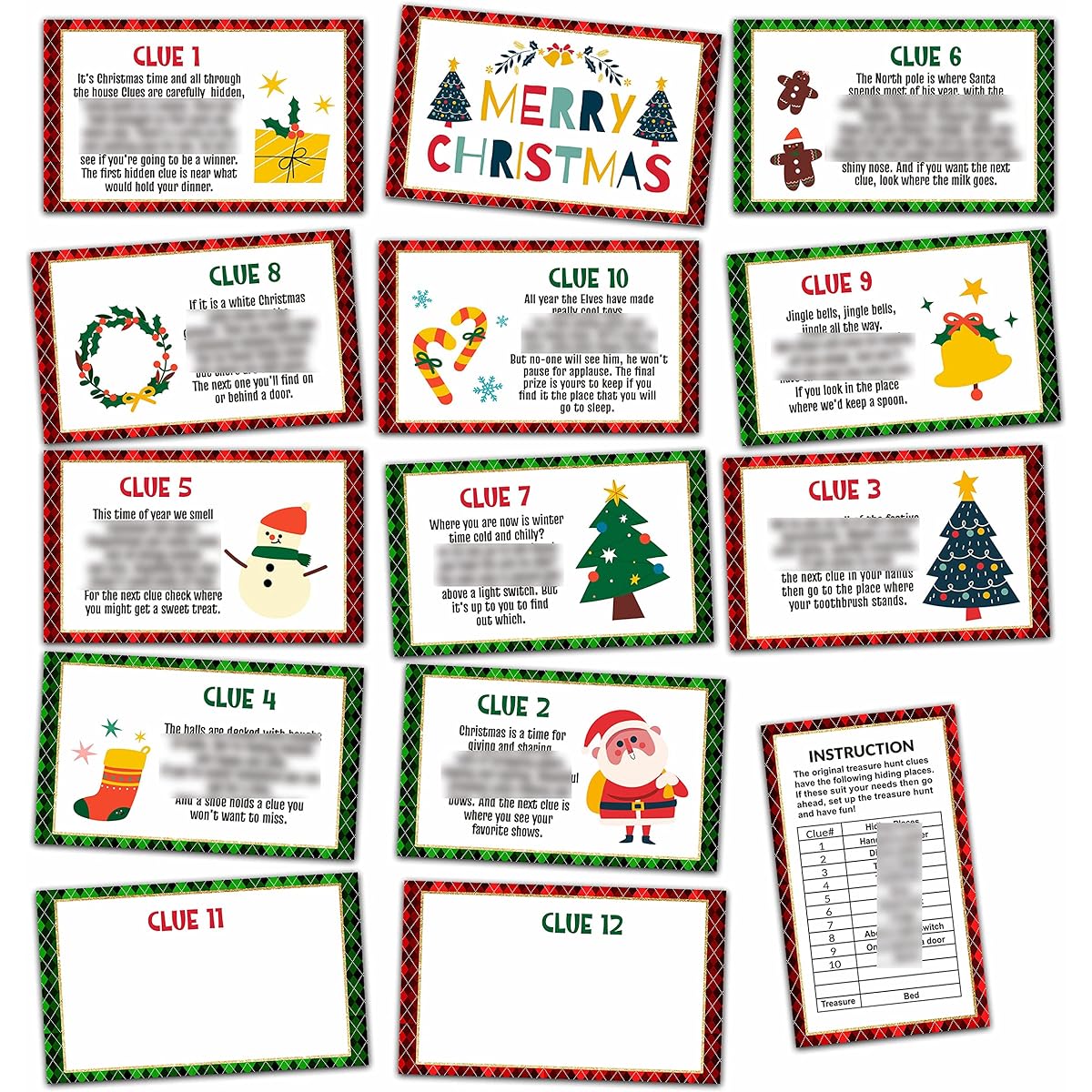 Christmas Party Games - Christmas Scavenger Treasure Hunt Clue Cards Christmas Game Cards Christmas Eve/Happy New Year Party Supplies Decorations (13 Cards with Colorful Envelopes)