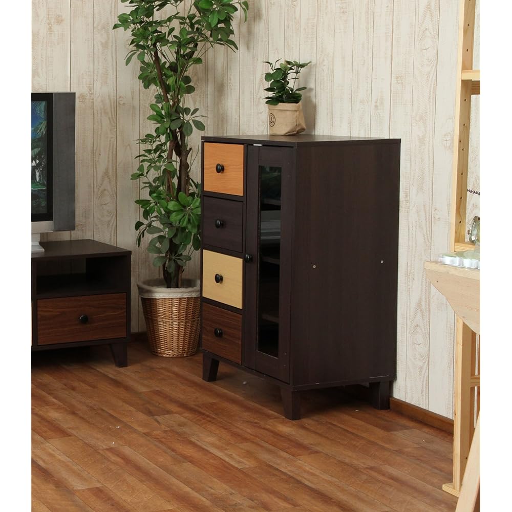 Fuji Boeki Cabinet Living Storage 4 Tiers Width 59 x Depth 39 x Height 89 cm Gradient Wood Grain Slim Drawer Storage Glass Door with Legs 96300
