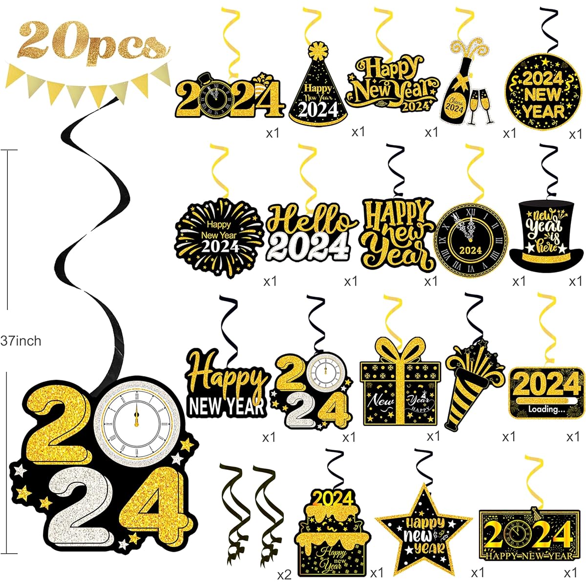 20pcs Happy New Year Hanging Swirl Decorations 2023 Happy New Year Decorations 2023 New Year's Eve Party Supplies 2023 Black and Gold New Year Foil Ceiling Decoration Home 2023 New Year Party Supplies