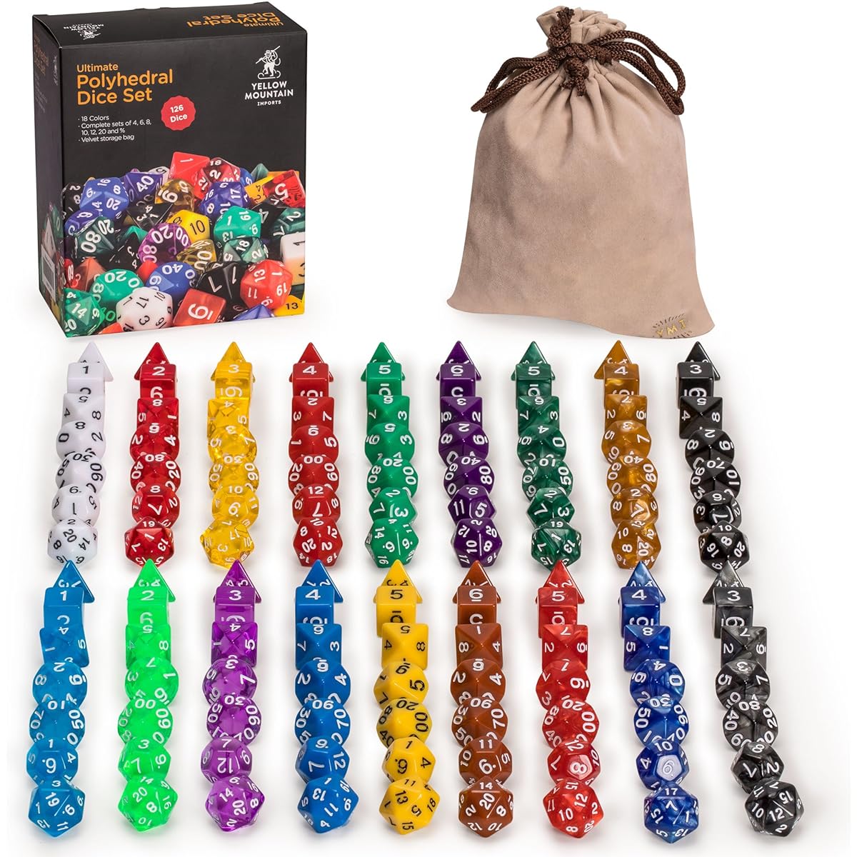 126 Polyhedral Dice - 18 colors w/ Complete set of d4 d6 d8 d10 d12 d20 d%